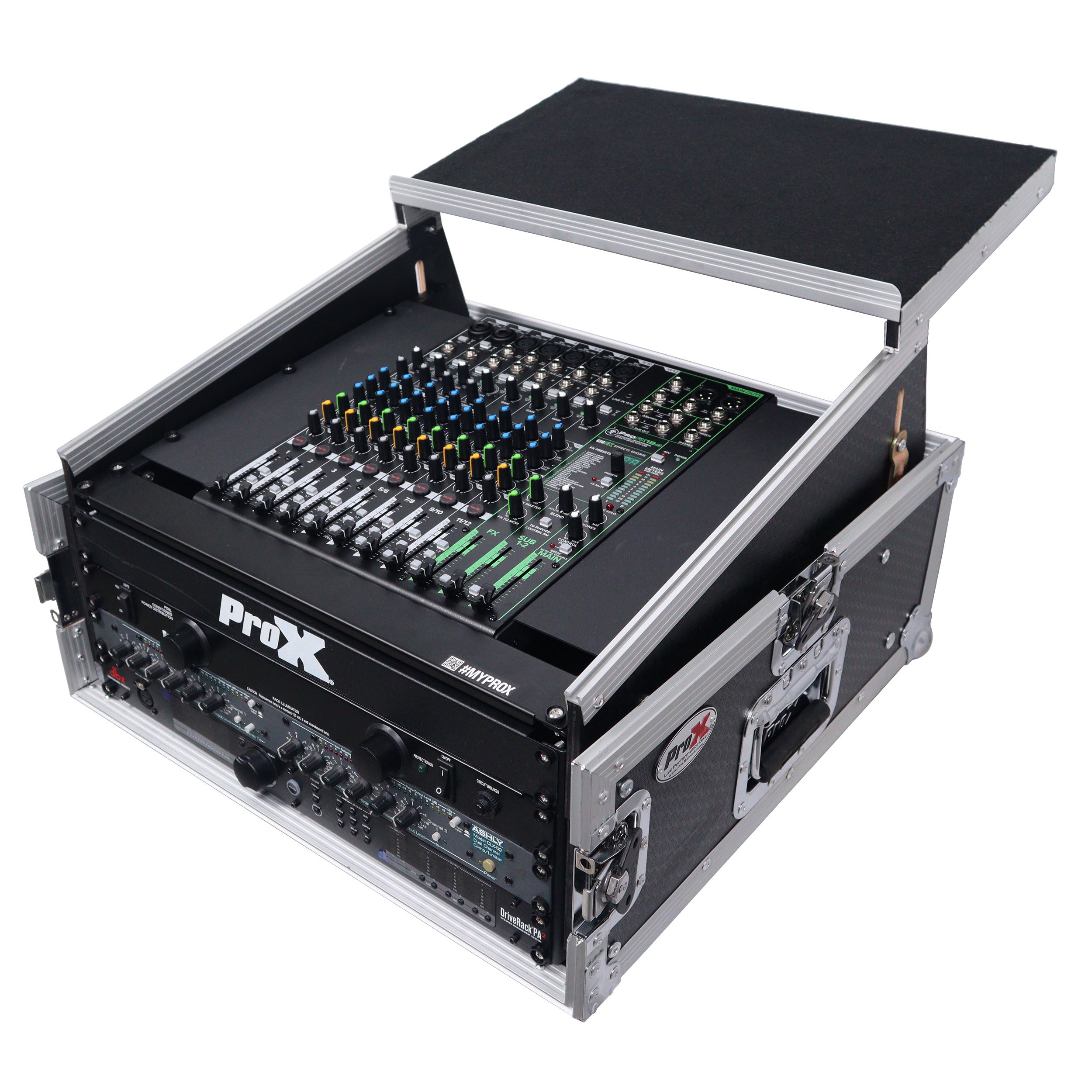ProX 4U Vertical Rack Mount Flight Case with 10U Top for Mixer Combo Amp Rack with Laptop Shelf