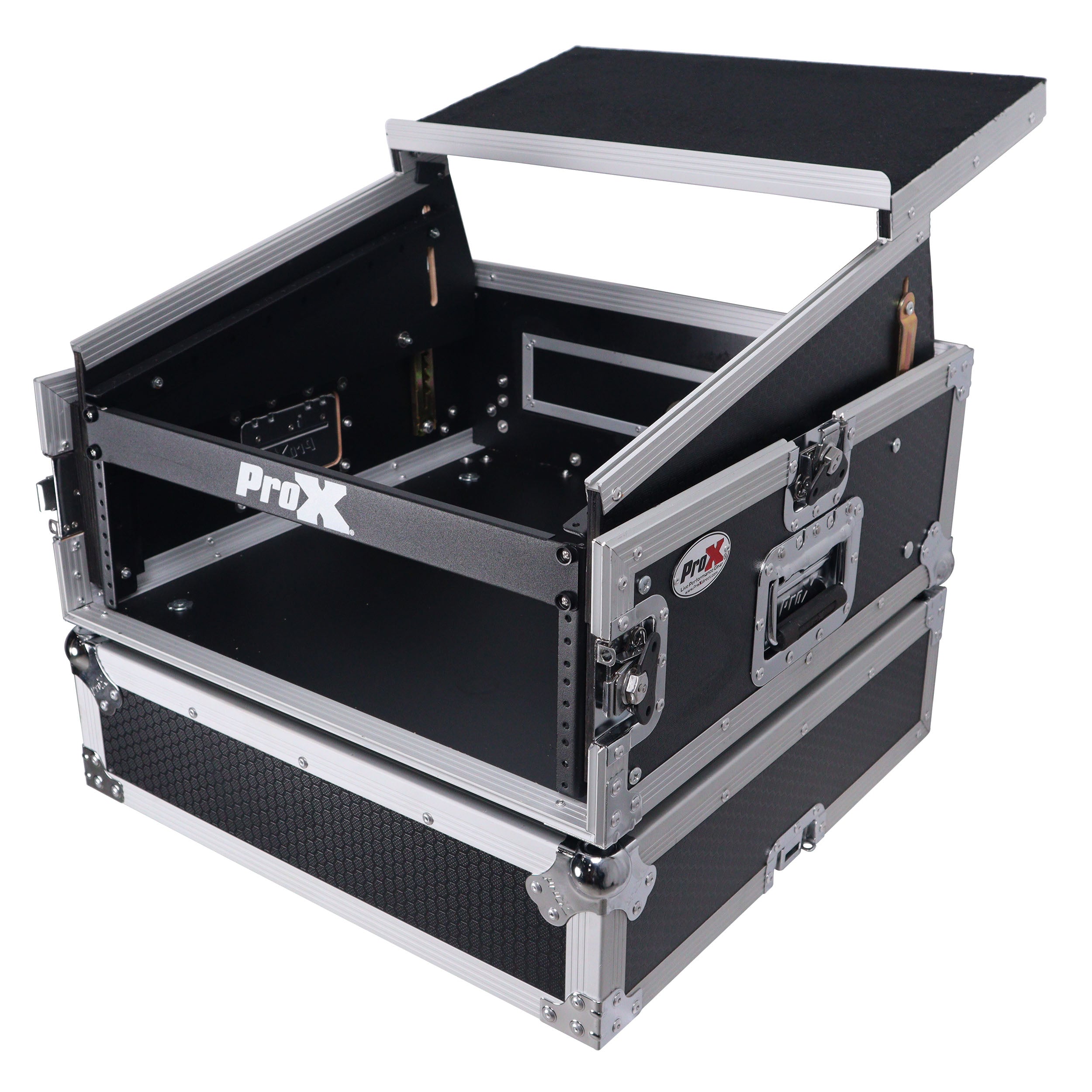 ProX 4U Vertical Rack Mount Flight Case with 10U Top for Mixer Combo Amp Rack with Laptop Shelf