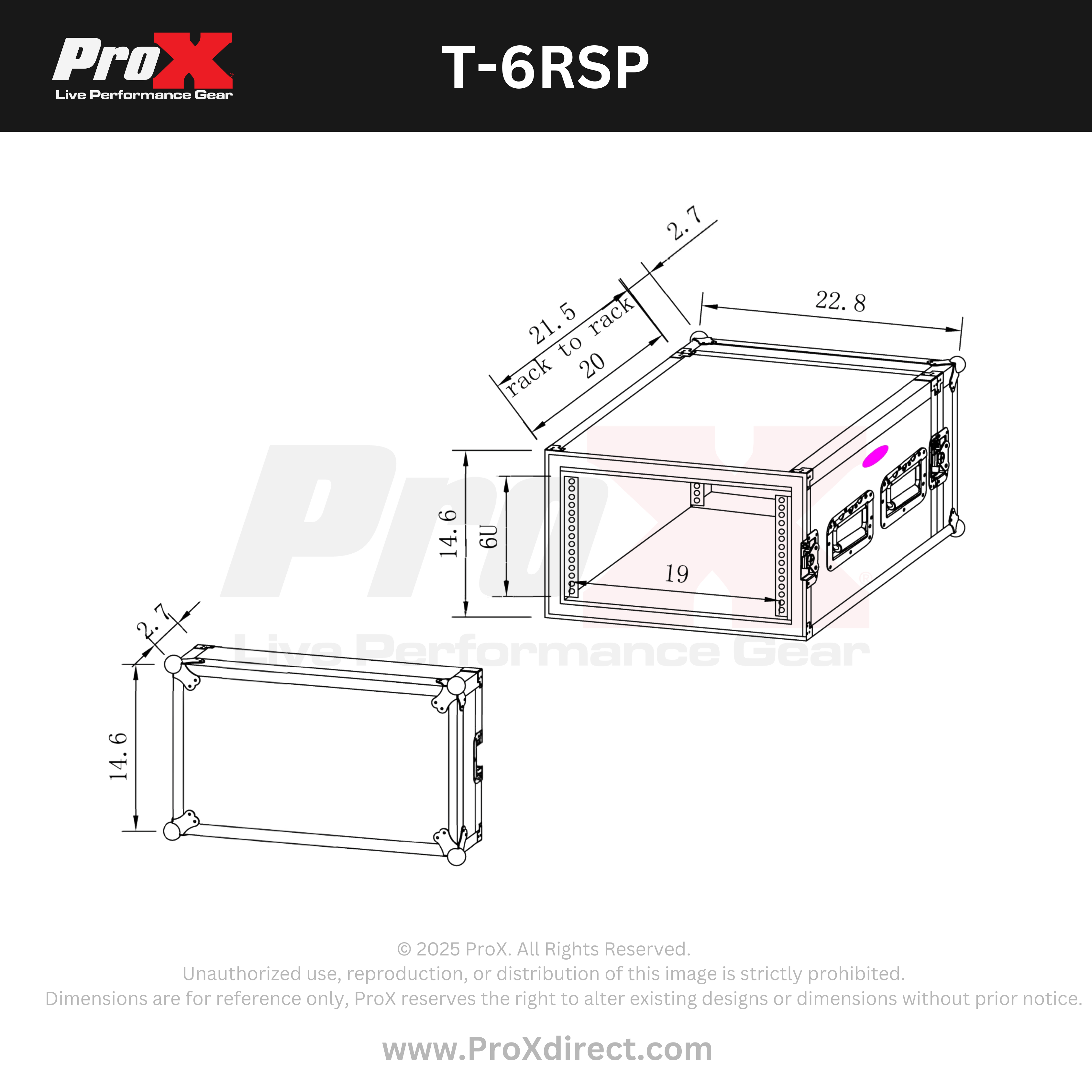 ProX ATA Style 6U Rack Space Shockproof Amp Rack Mount Case 20 in. Depth with recessed handles