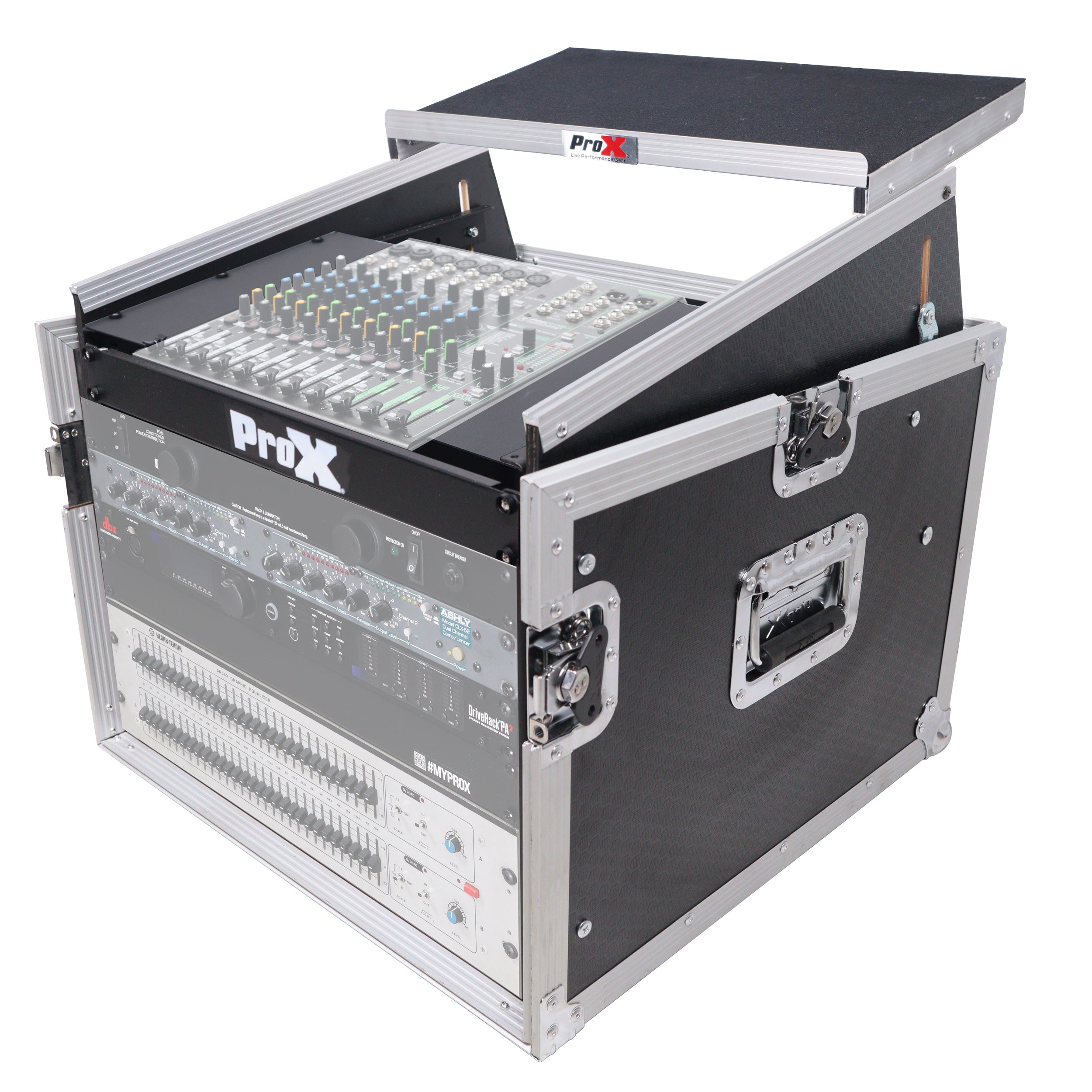 ProX 8U Vertical Rack Mount Flight Case with 10U Top for Mixer Combo Amp Rack with Laptop Shelf
