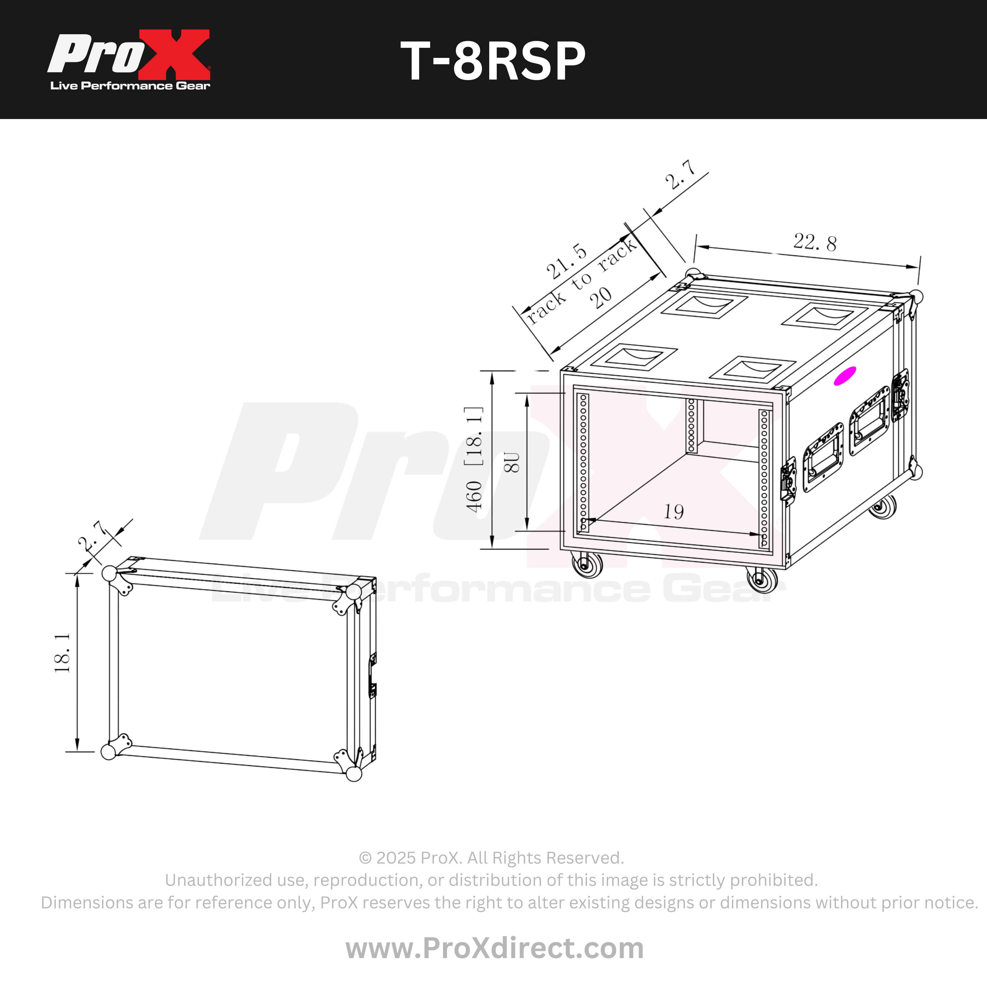 ProX ATA Style 8U Shockproof Rack Mount Flight Case 20 inch Depth with Caster Wheels