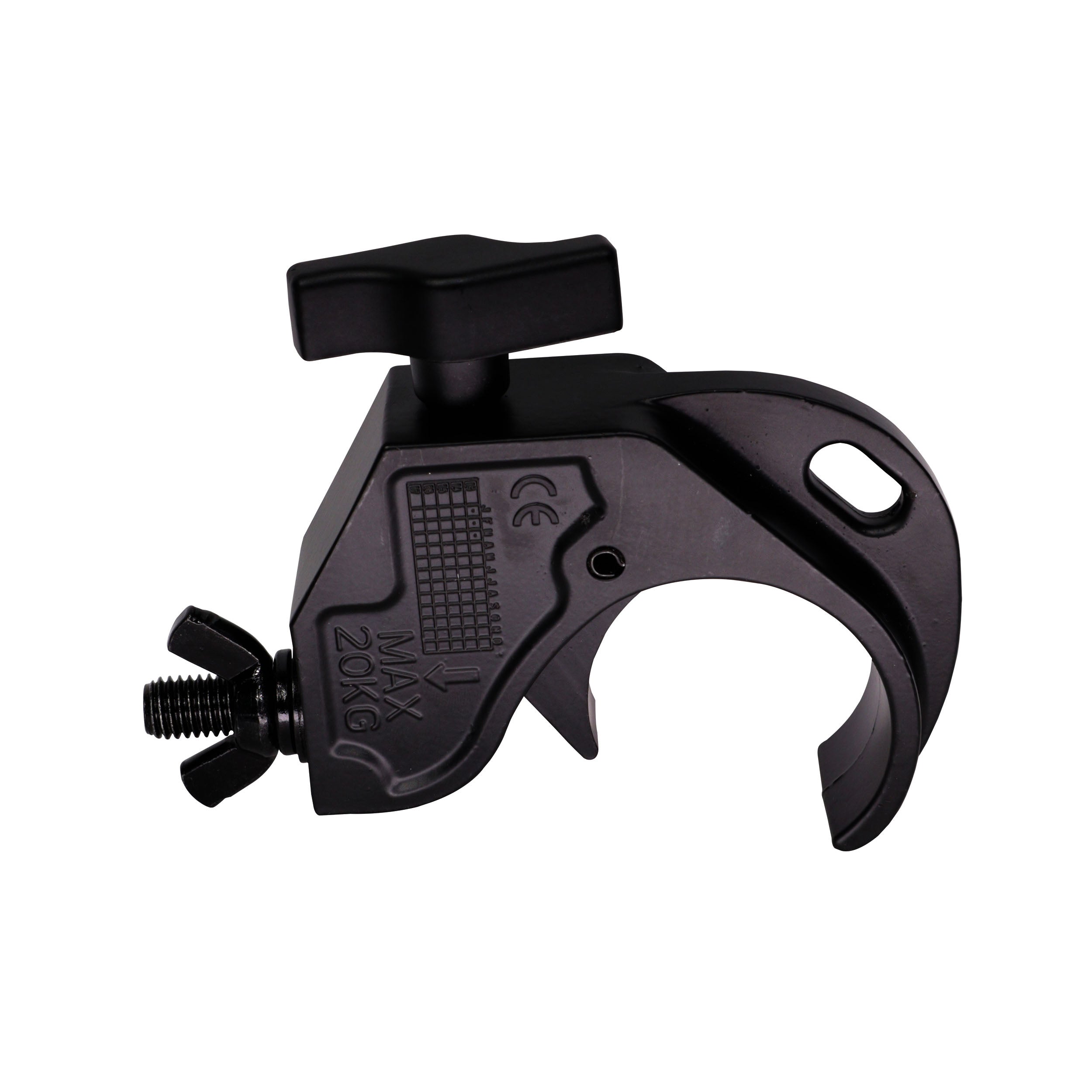 ProX Aluminum Hook Style M10 Clamp with Big Wing Knob for 2" Truss Tube Capacity 45 Lbs. Black Finish
