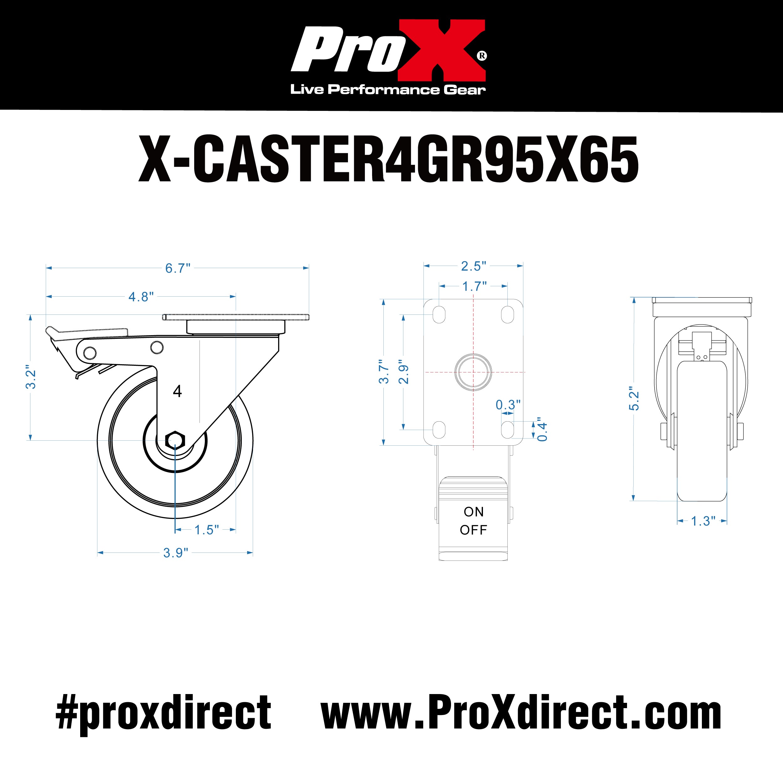 ProX Set of 4 Gray Replacement 4 inch Industrial Grade Caster Wheels Kit with Fasteners- Plate 3.75 x 2.5 in.