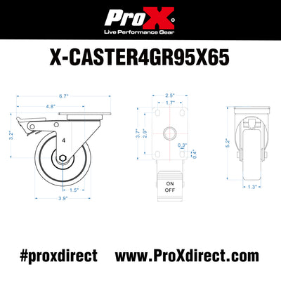 ProX Set of 4 Gray Replacement 4 inch Industrial Grade Caster Wheels Kit with Fasteners- Plate 3.75 x 2.5 in.