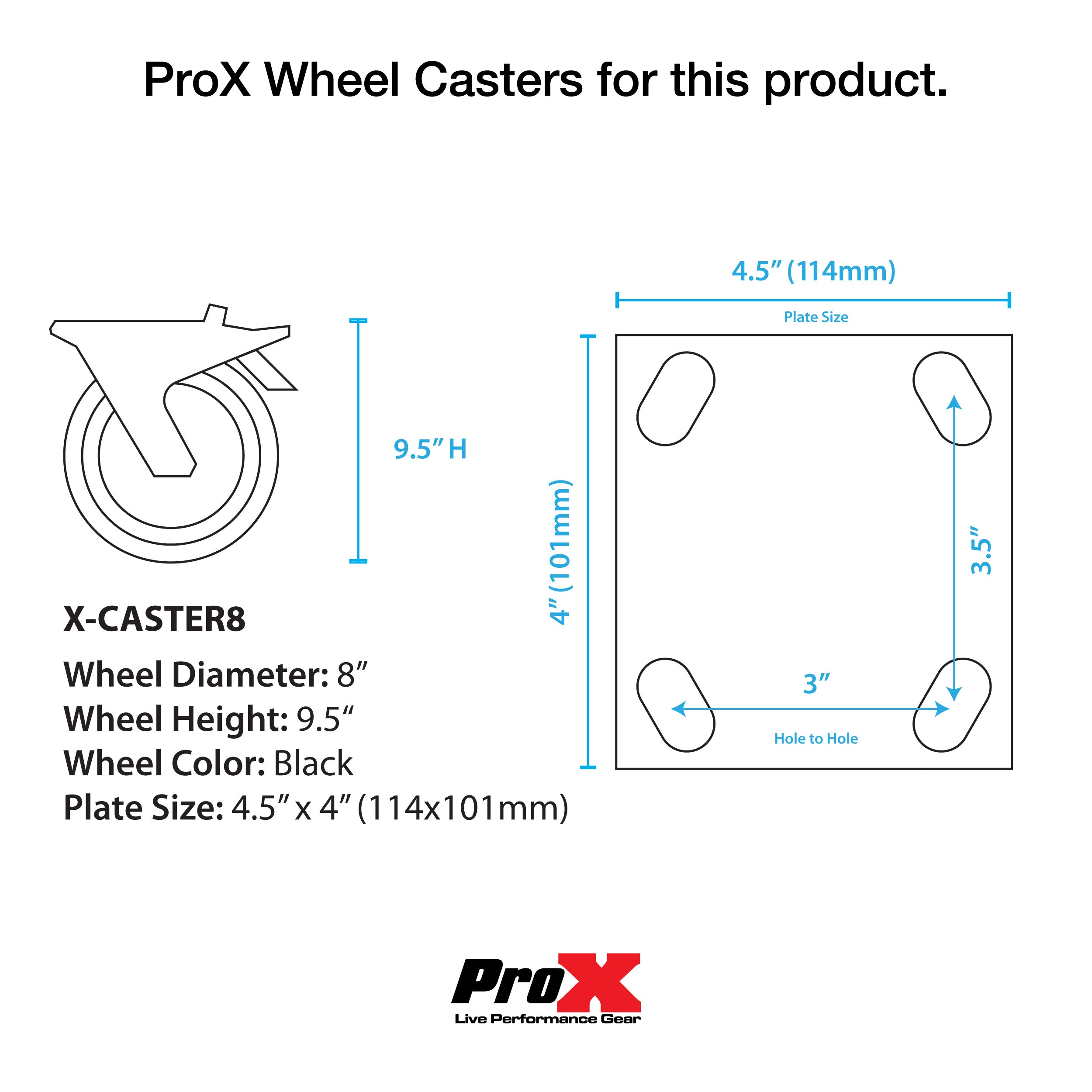 ProX Single 8-inch Industrial Grade Caster Wheel for ProX ATA Flight Utility Console Speaker Cases - Plate 4.5 x 4 in.