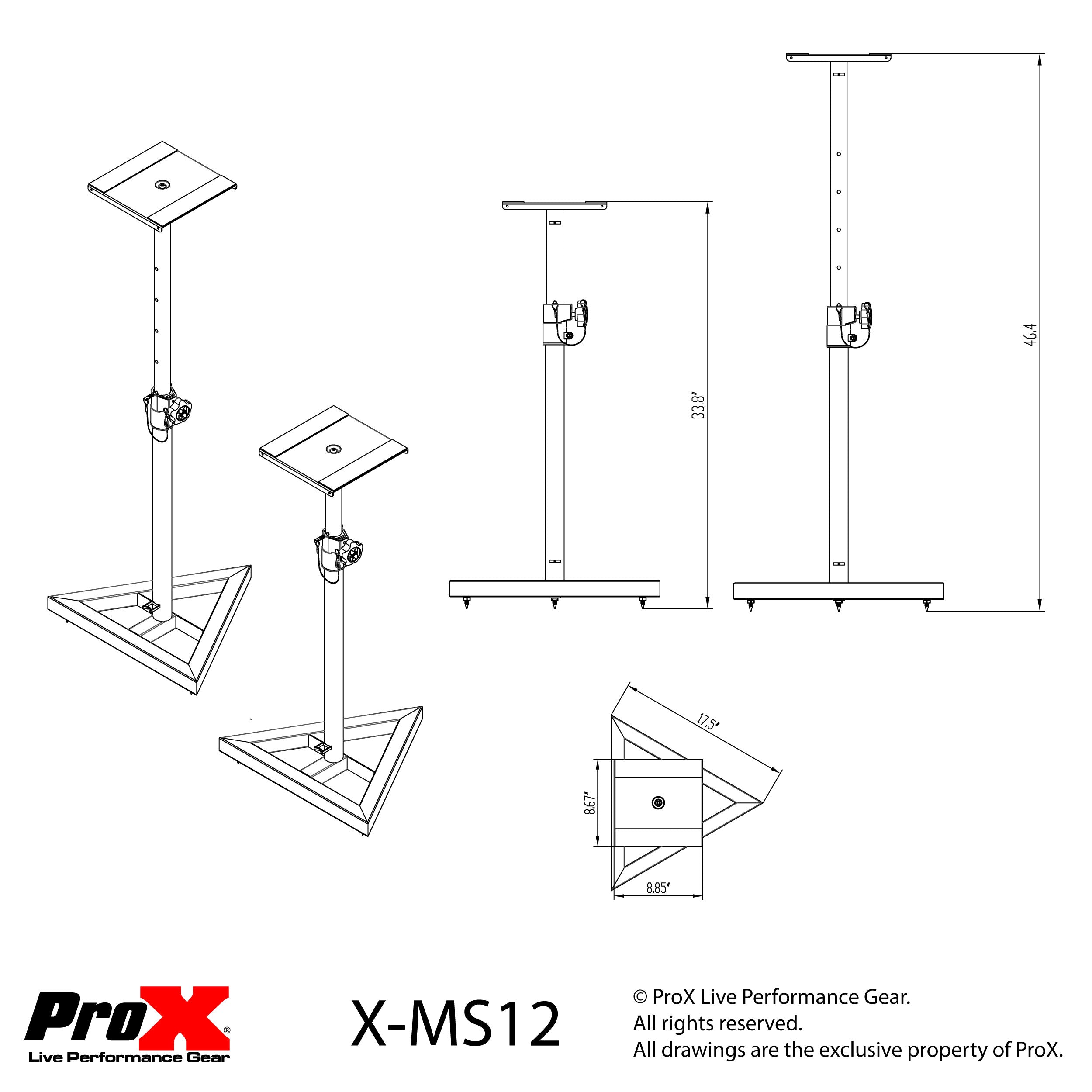 ProX Pair of Studio Monitor Stands Speaker Platform Telescoping Height Adjustment W-Rubberized Platform and Wide Base