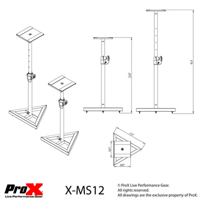ProX Pair of Studio Monitor Stands Speaker Platform Telescoping Height Adjustment W-Rubberized Platform and Wide Base