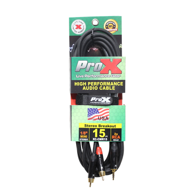 ProX 15' Ft High Performance 3.5mm 1/8” Mini TRS to Dual RCA-M Unbalanced Y-Cable