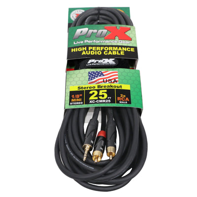 ProX 25' Ft High Performance 3.5mm 1/8” Mini TRS to Dual RCA-M Unbalanced Y-Cable