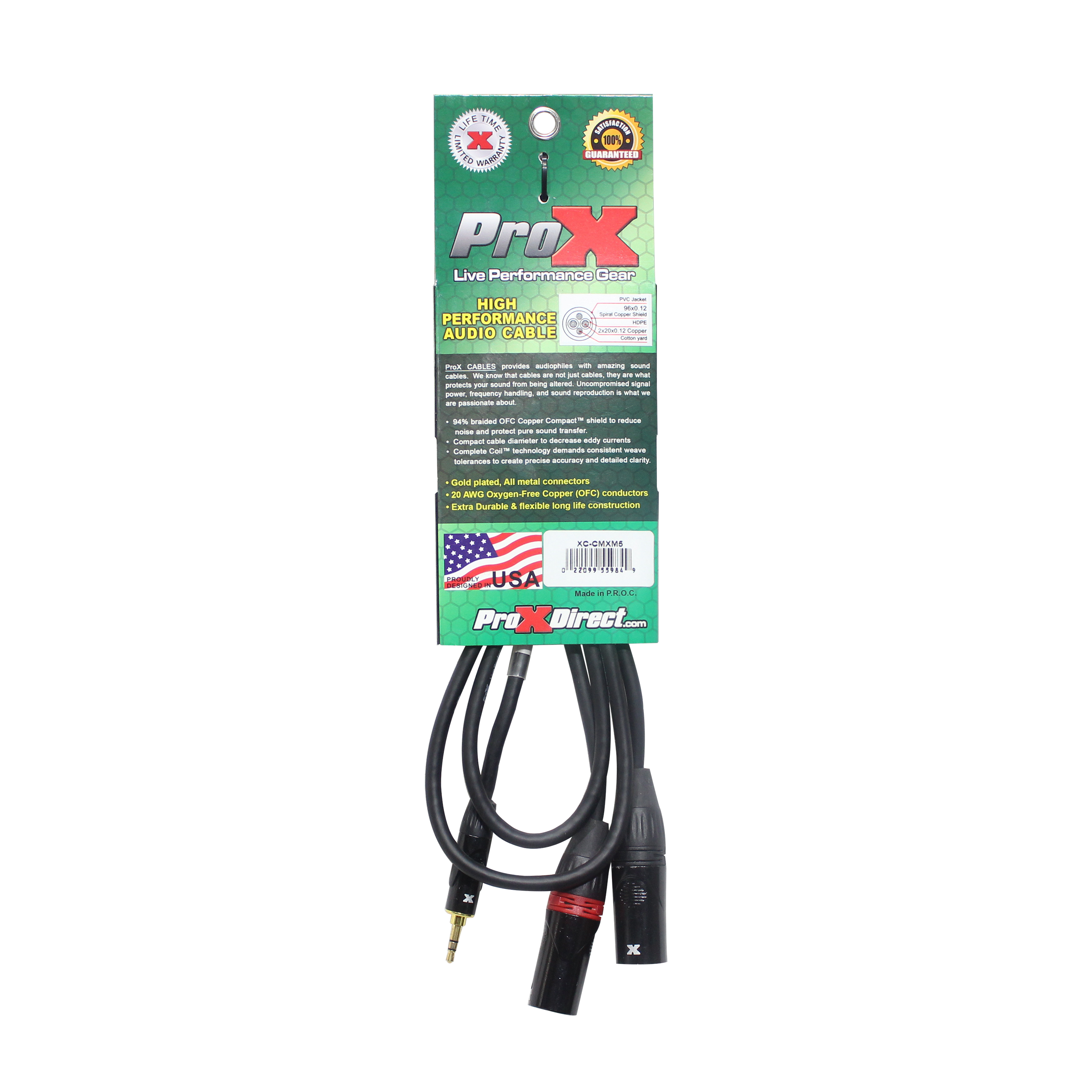 ProX 5 Ft. 3.5mm Mini TRS-M to Dual XLR3-M High Performance Audio Y Cable