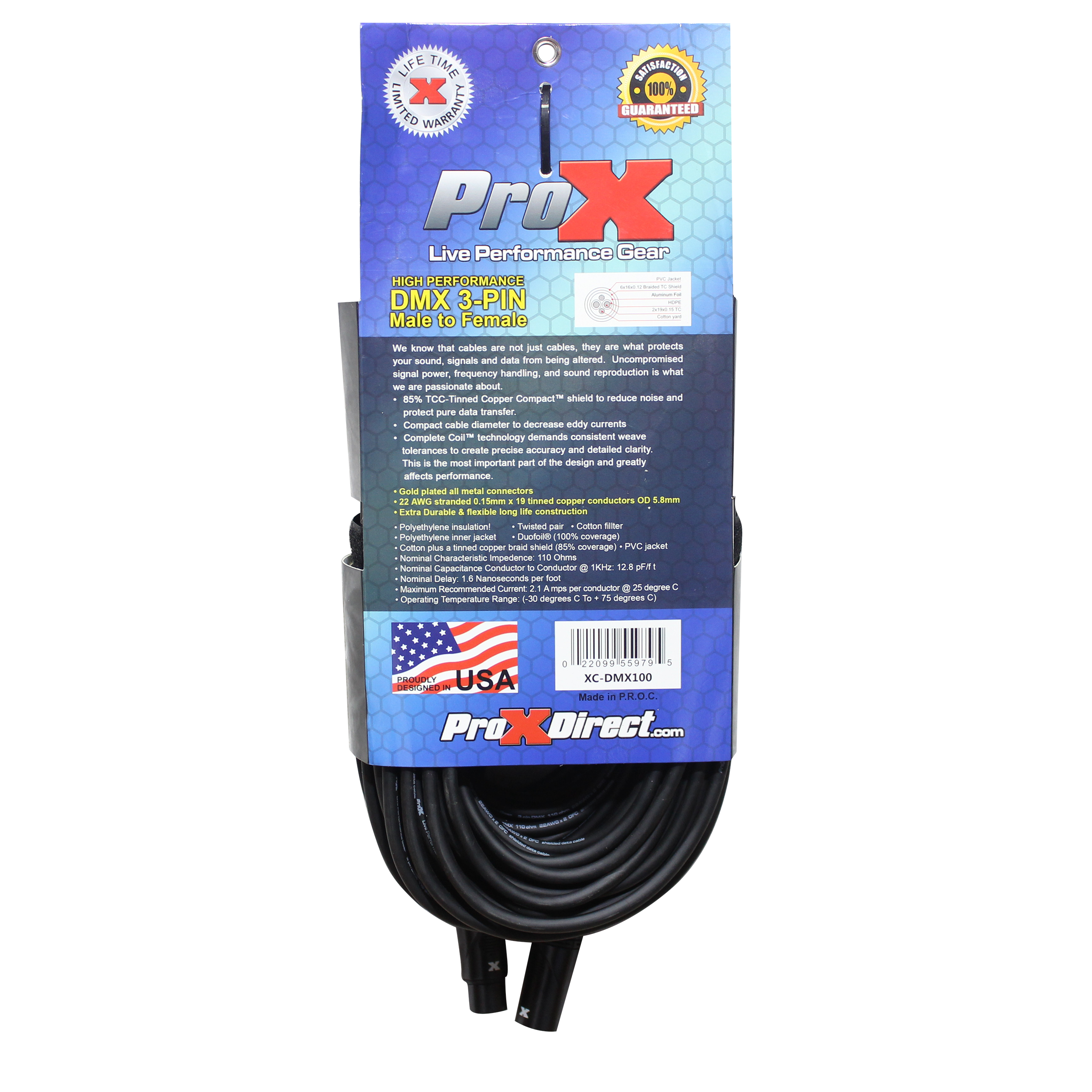 ProX 100 Ft. High Performance DMX Male 3-Pin to DMX Female 3-Pin Coupler Patch Cable
