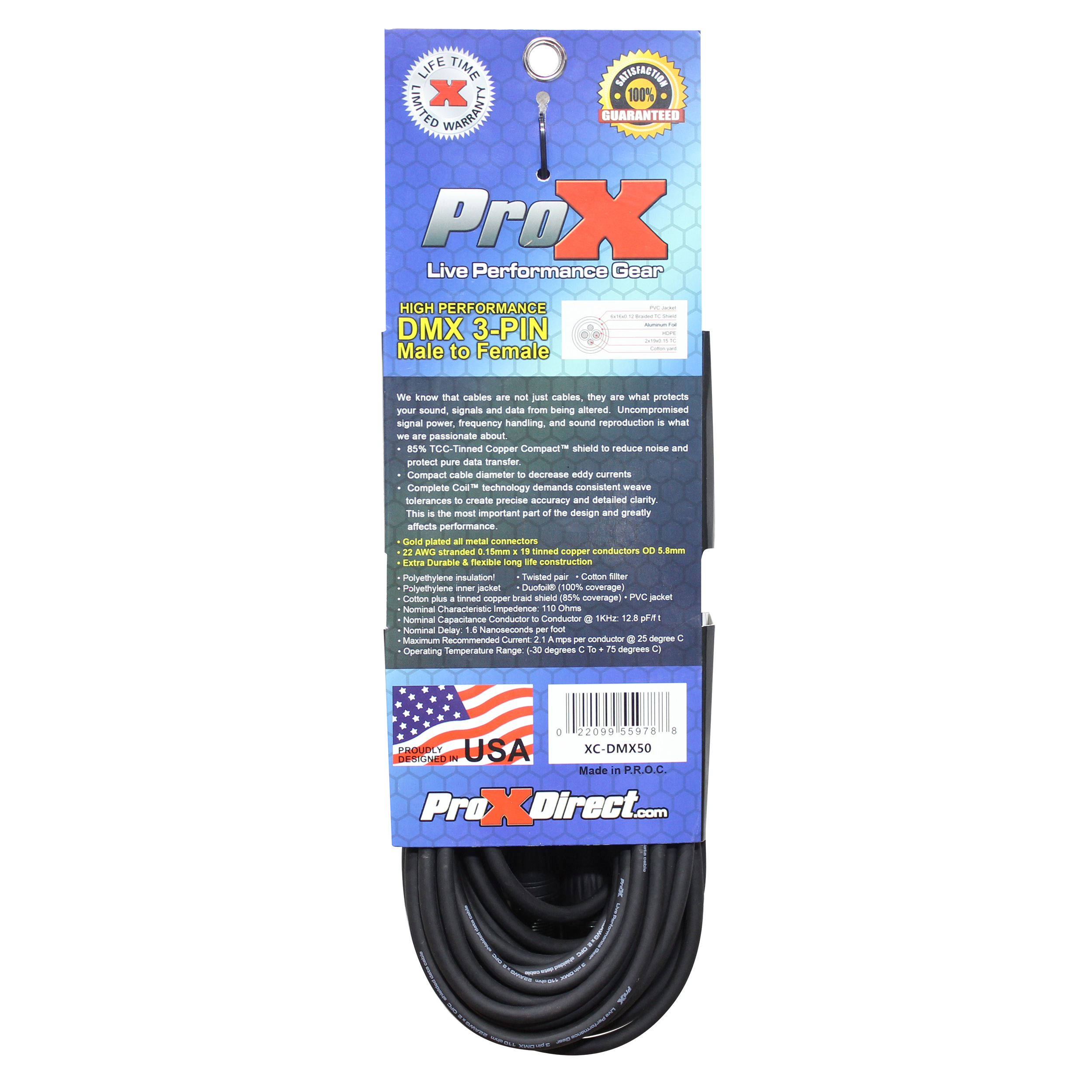 ProX 50 Ft. High Performance DMX Male 3-Pin to DMX Female 3-Pin Cable