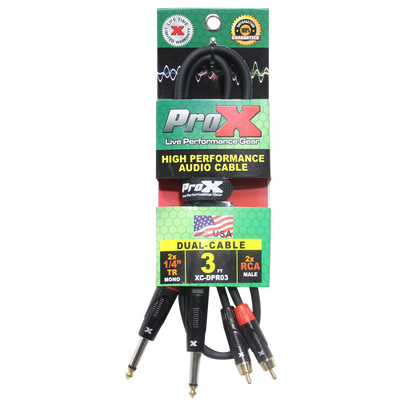 ProX 3' Ft. High Performance 1/4” Male TS to Dual RCA Male Unbalanced Audio Cable