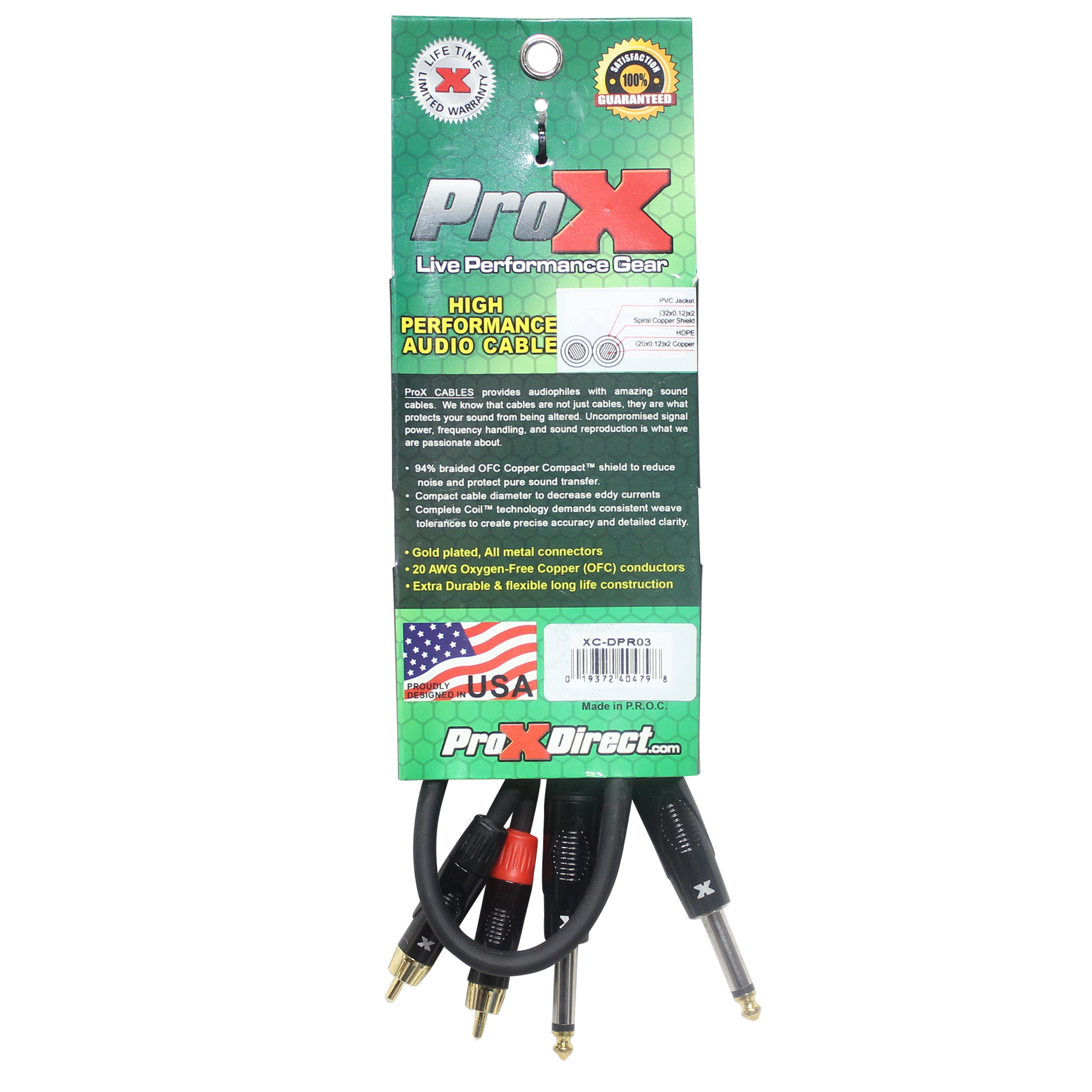 ProX 3' Ft. High Performance 1/4” Male TS to Dual RCA Male Unbalanced Audio Cable
