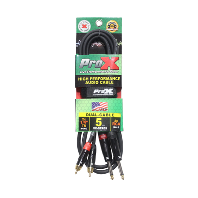 ProX 5' Ft. High Performance 1/4” Male TS to Dual RCA Male Unbalanced Audio Cable