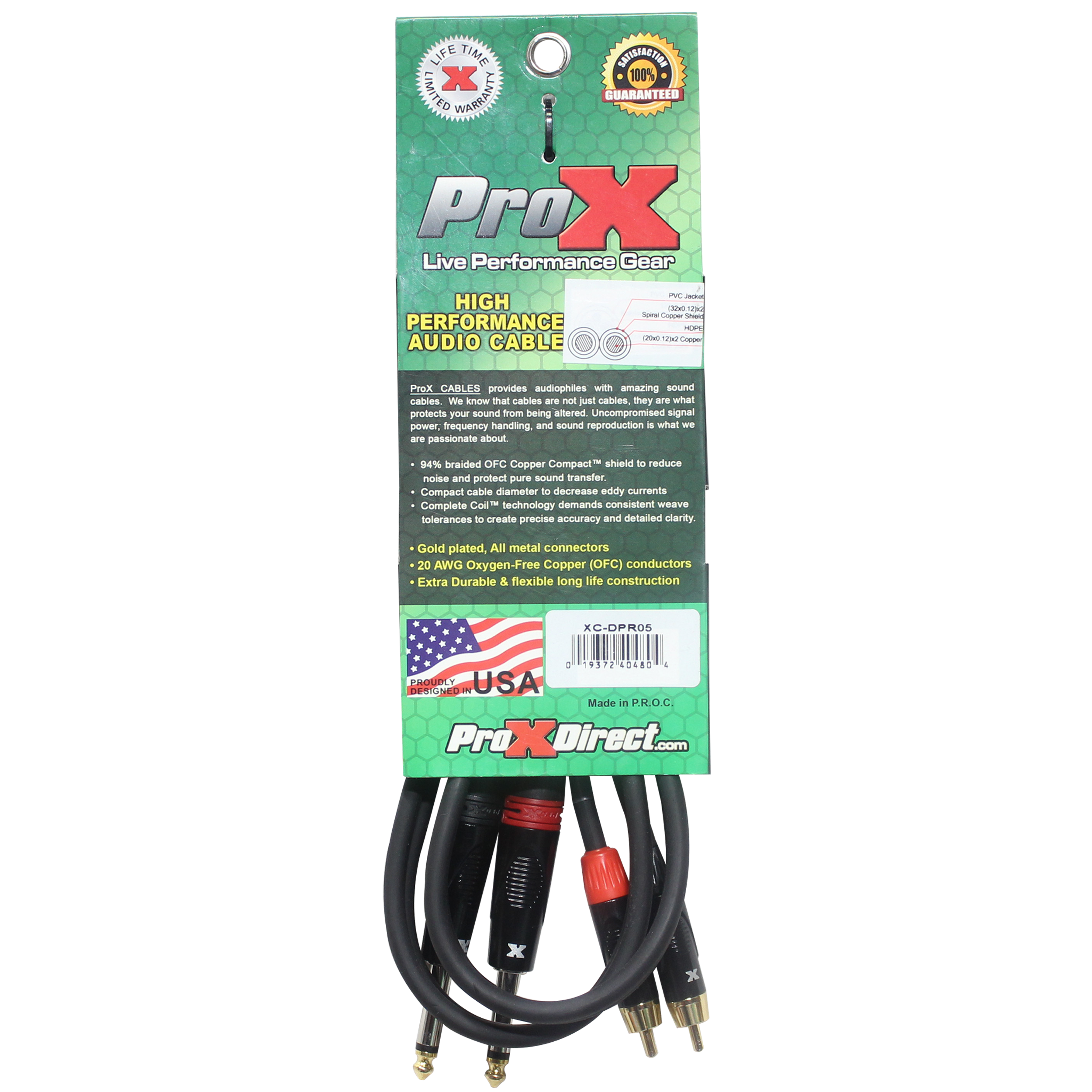 ProX 5' Ft. High Performance 1/4” Male TS to Dual RCA Male Unbalanced Audio Cable