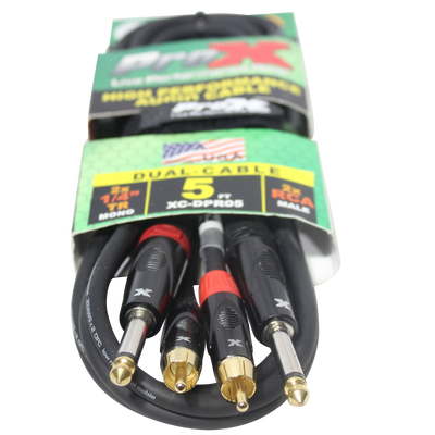 ProX 5' Ft. High Performance 1/4” Male TS to Dual RCA Male Unbalanced Audio Cable