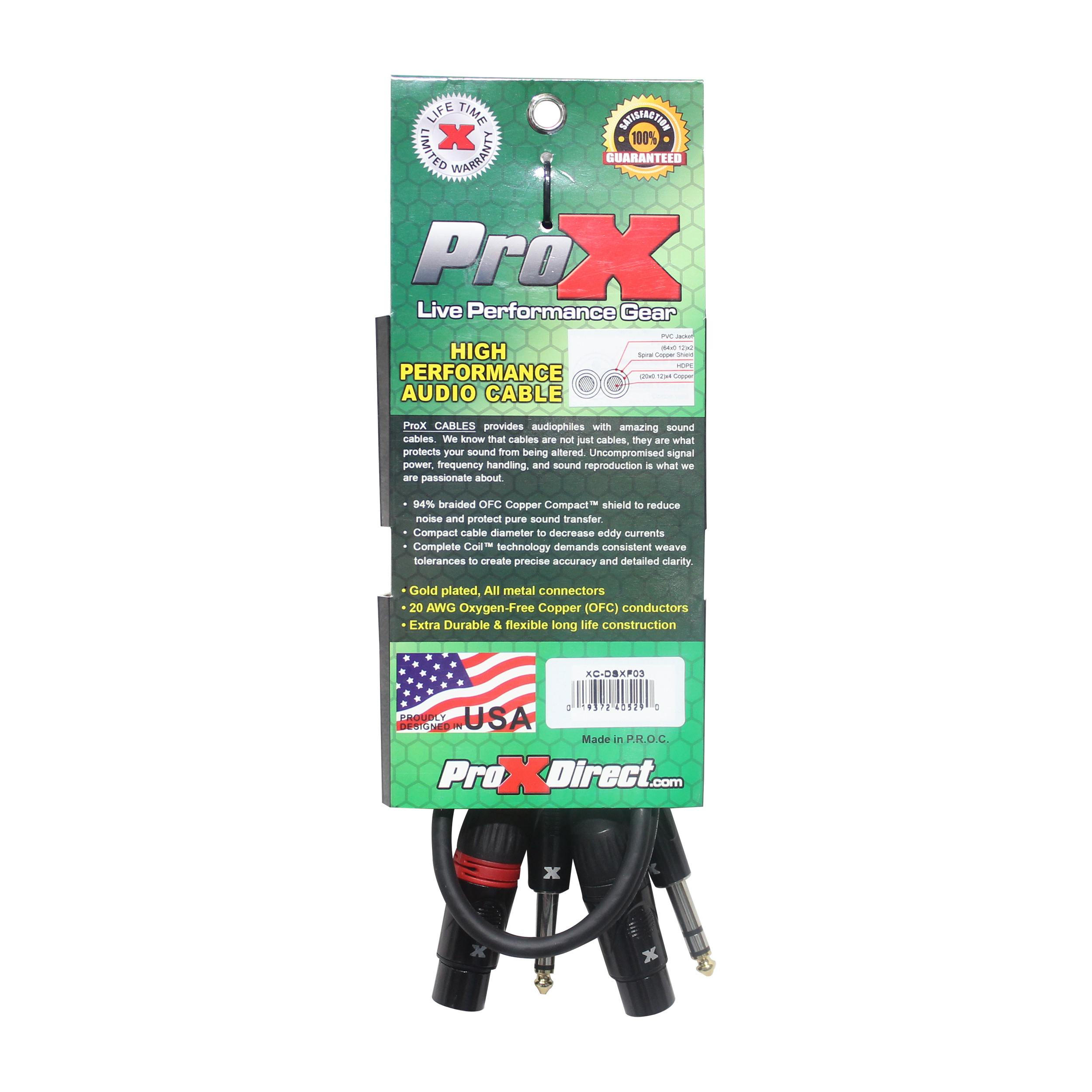 ProX 3 Ft. Balanced Dual 1/4" TRS-M to Dual XLR3-F High Performance Audio Cable