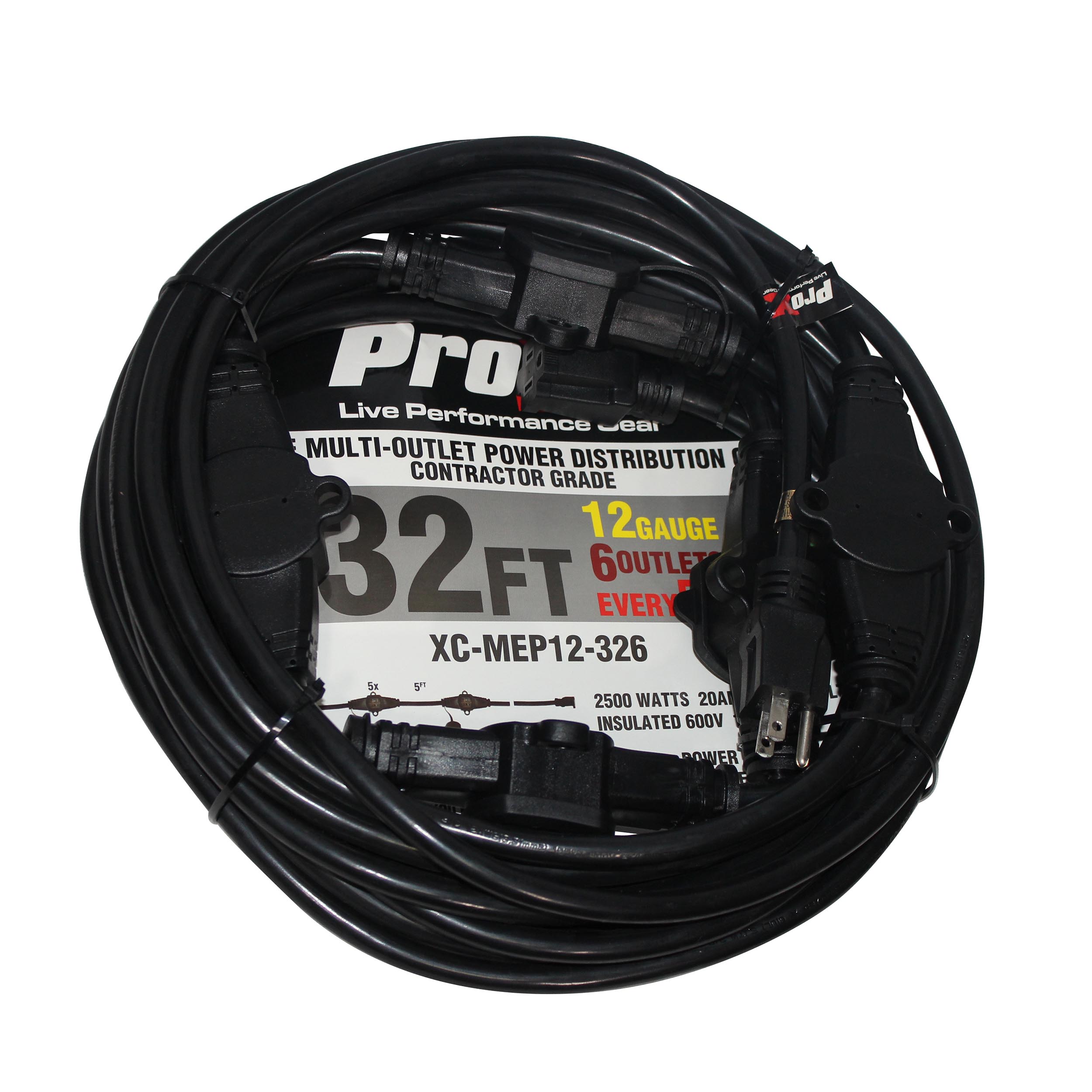 ProX 32' Ft. Male NEMA 120VAC to 6-Outet Female Edison 12/3AWG Power Extension Cable
