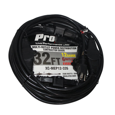 ProX 32' Ft. Male NEMA 120VAC to 6-Outet Female Edison 12/3AWG Power Extension Cable