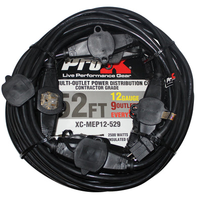 ProX 52' Ft. Male NEMA 120VAC to 9-Outet Female Edison 12/3AWG Power Extension Cable