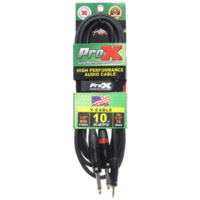 ProX 10 Ft. Unbalanced 3.5mm. Mini-TRS to Dual TS-M High Performance Audio Y Cable