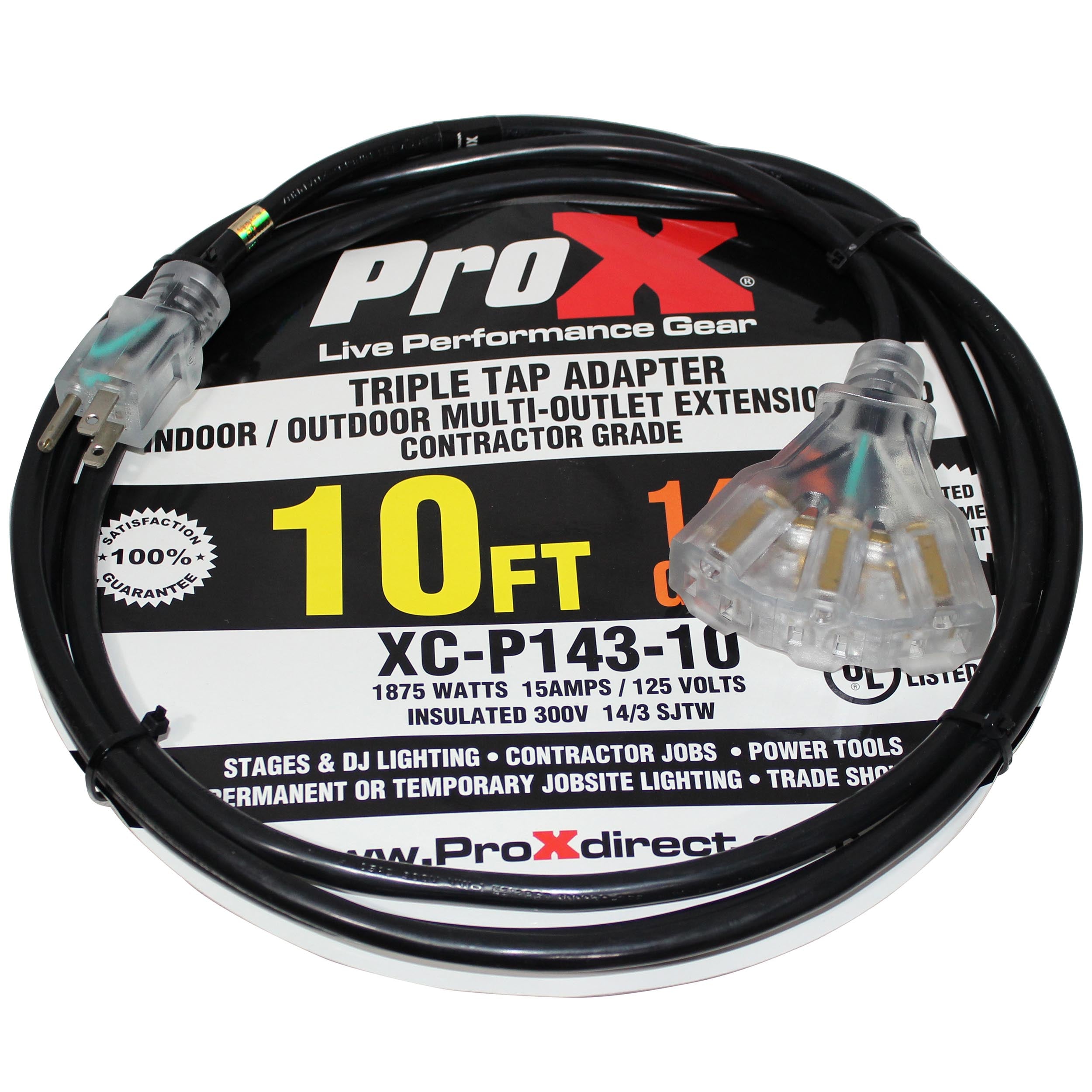 ProX 10' Ft. 120VAC NEMA 15 Male to 3 Outlet Female Power-Extension Cord 14 AWG