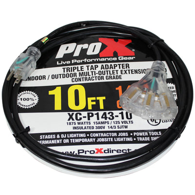 ProX 10' Ft. 120VAC NEMA 15 Male to 3 Outlet Female Power-Extension Cord 14 AWG