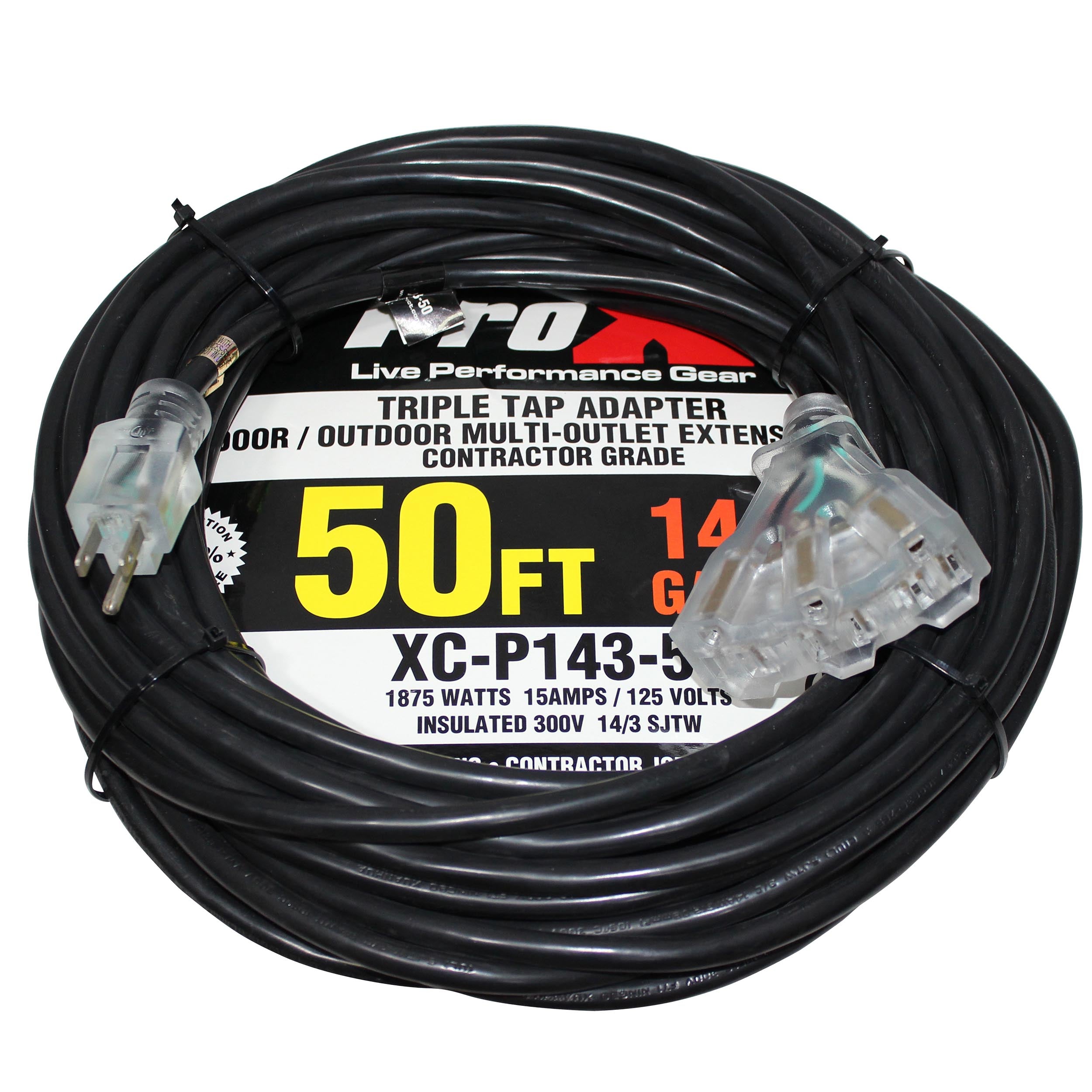 ProX 50' Ft. 120VAC NEMA 15 Male to 3 Outlet Female Power-Extension Cord 14 AWG