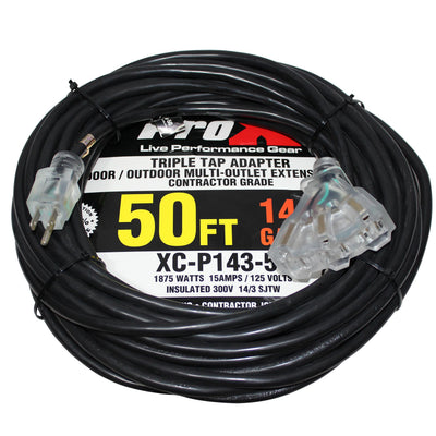 ProX 50' Ft. 120VAC NEMA 15 Male to 3 Outlet Female Power-Extension Cord 14 AWG