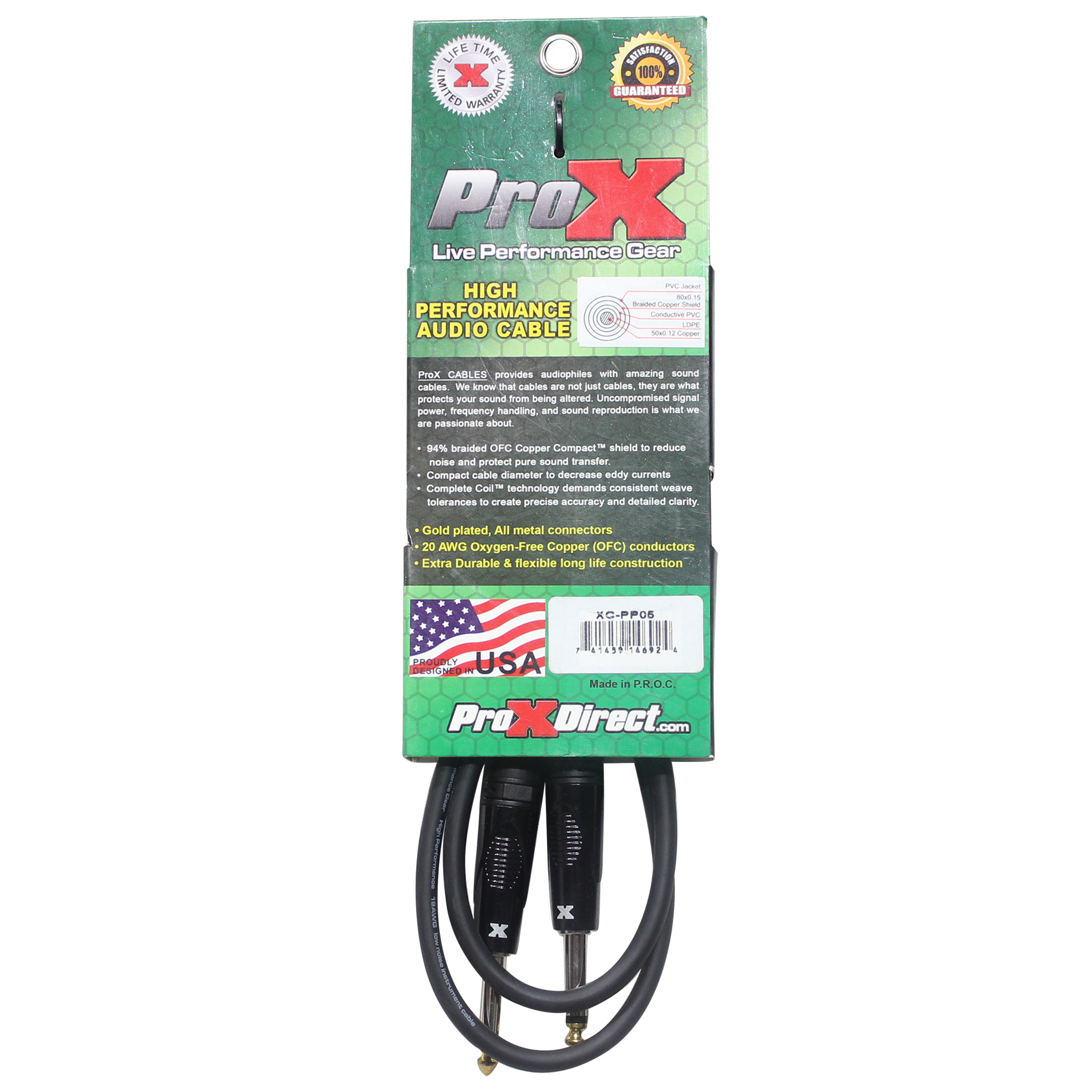 ProX 5' Ft. Unbalanced 1/4" TS-M to 1/4" TS-M High Performance Pro Audio Instrument Guitar Cable
