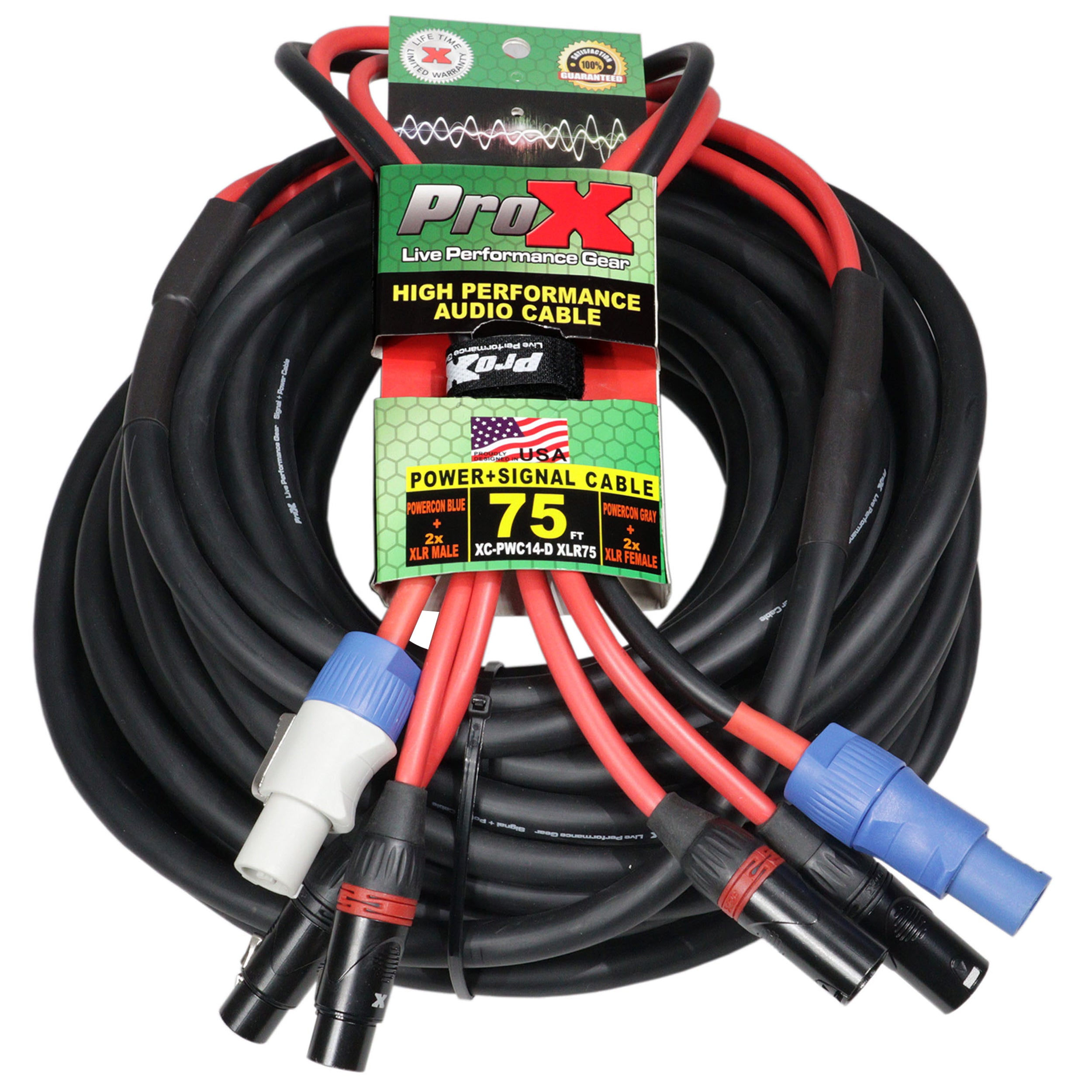 ProX 75' FT 14AWG Powerkon to Dual XLR Combo Link Jumper Cable