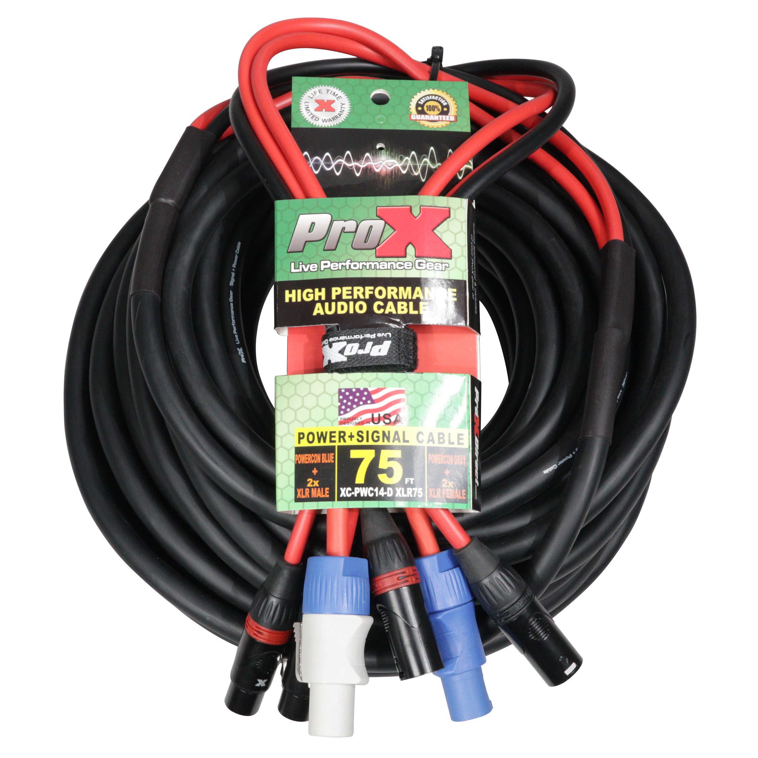 ProX 75' FT 14AWG Powerkon to Dual XLR Combo Link Jumper Cable