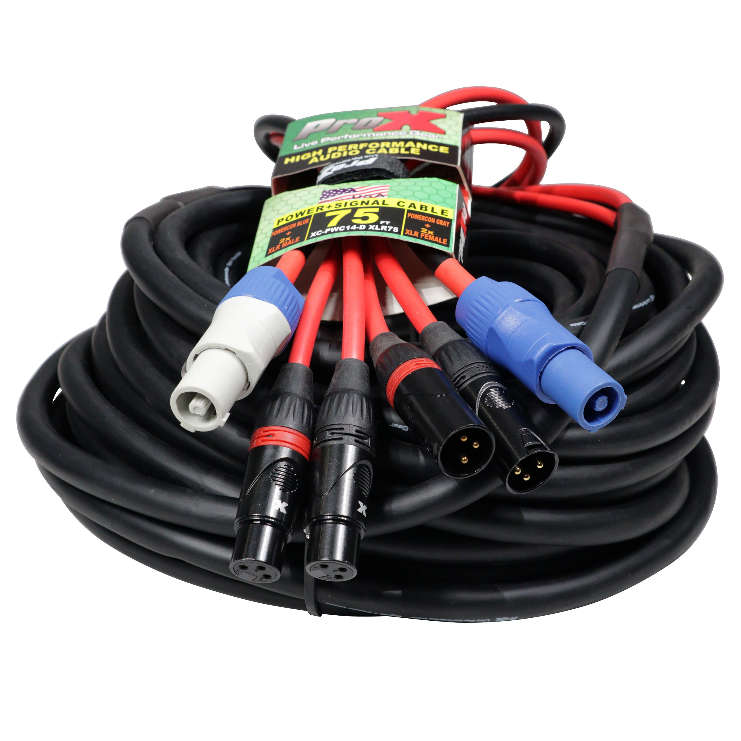 ProX 75' FT 14AWG Powerkon to Dual XLR Combo Link Jumper Cable