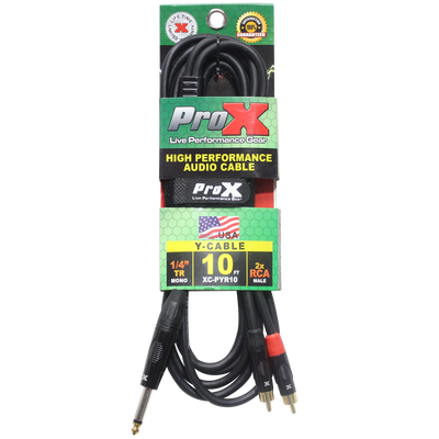 ProX 10 Ft. Unbalanced 1/4" TS-M to Dual RCA-M High Performance Audio Y Cable