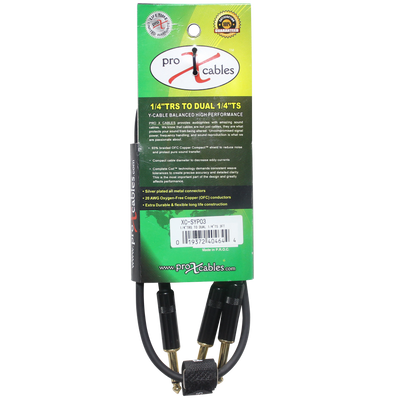ProX 3 Ft. Unbalanced TRS-M Stereo to Dual TS-M High Performance Audio Y Cable