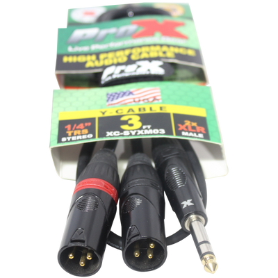 ProX 3 Ft. 1/4" TRS-M Stereo to Dual XLR3-M High Performance Y Cable