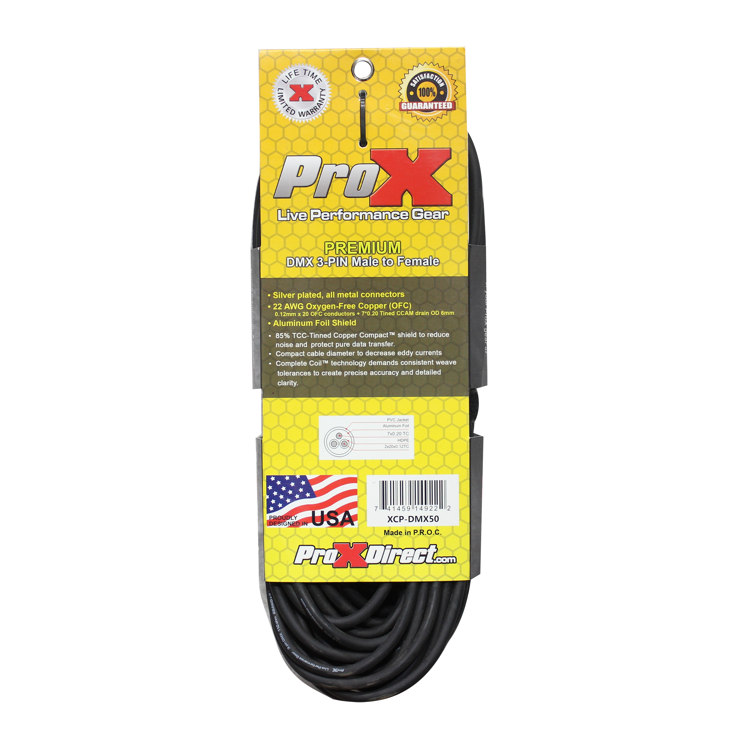 ProX 50 Ft. DMX XLR3-M to XLR3-F Premium Cable