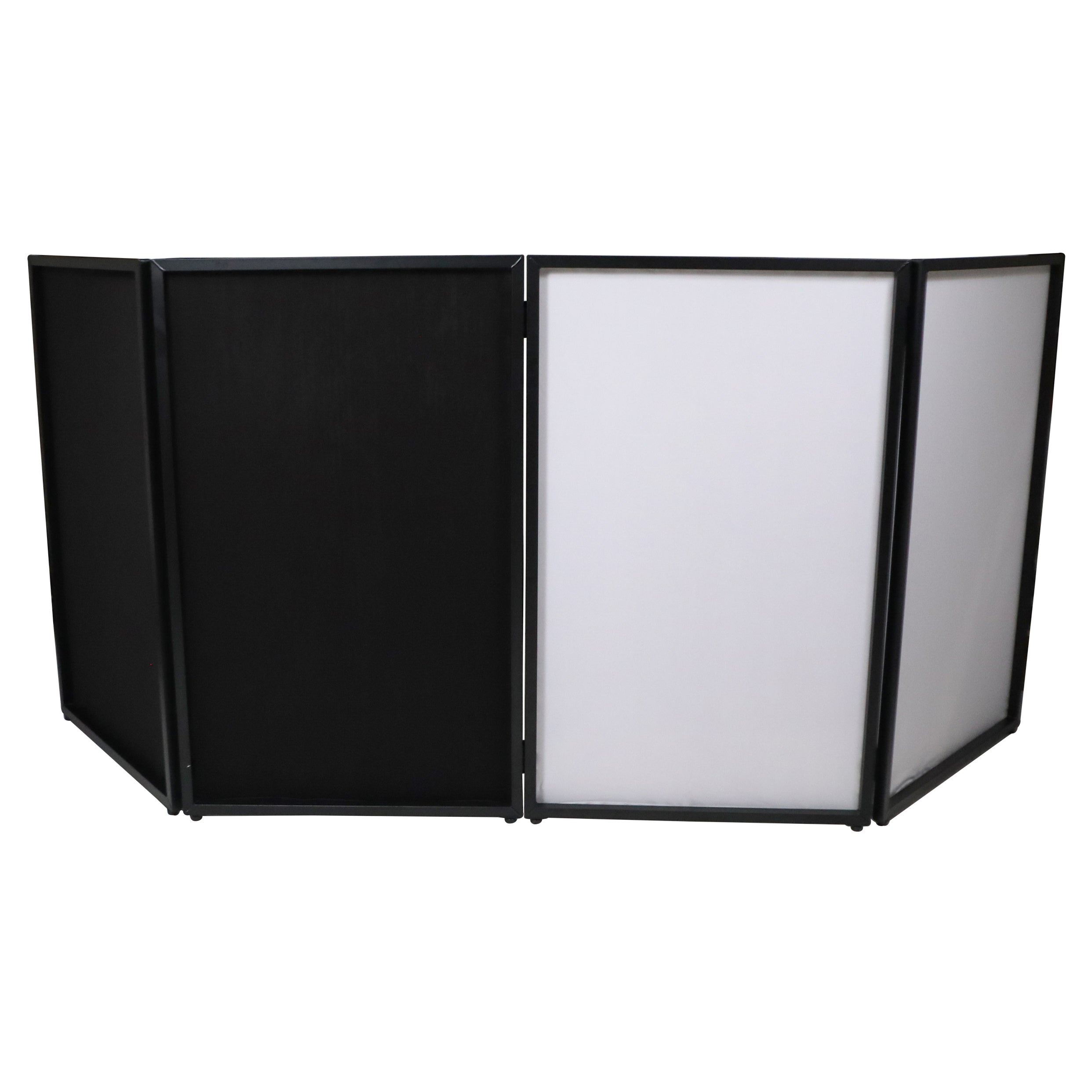 ProX Four Panel Party Black Frame Collapse and Go DJ Facade, Two Side corner Shelves, Carry Bag, 4xBlack and 4xWhite Scrims