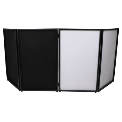ProX Four Panel Party Black Frame Collapse and Go DJ Facade, Two Side corner Shelves, Carry Bag, 4xBlack and 4xWhite Scrims