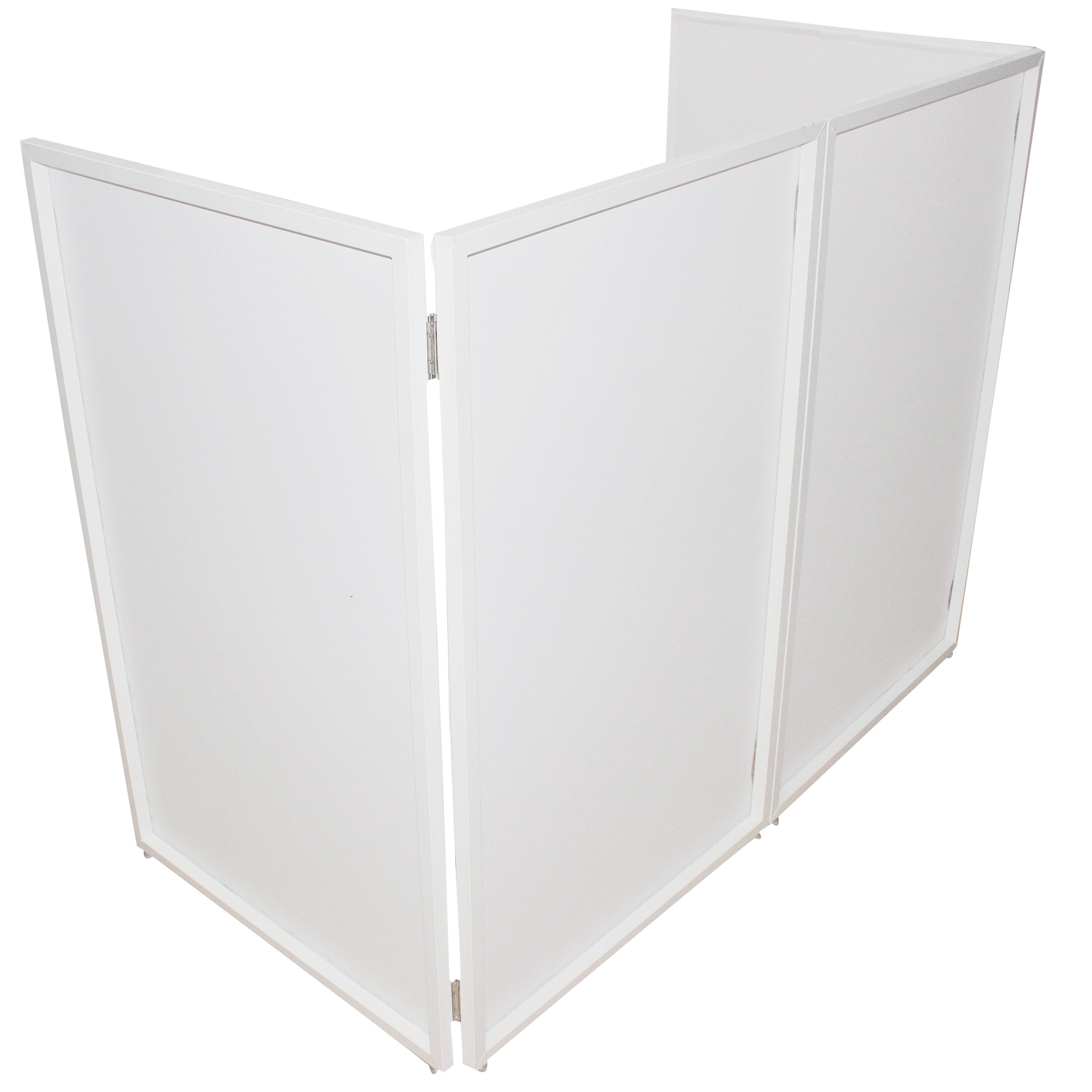 ProX Four Panel Wedding White Frame Collapse and Go DJ Facade, Two Side corner Shelves, Carry Bag, 4xBlack and 4xWhite Scrims