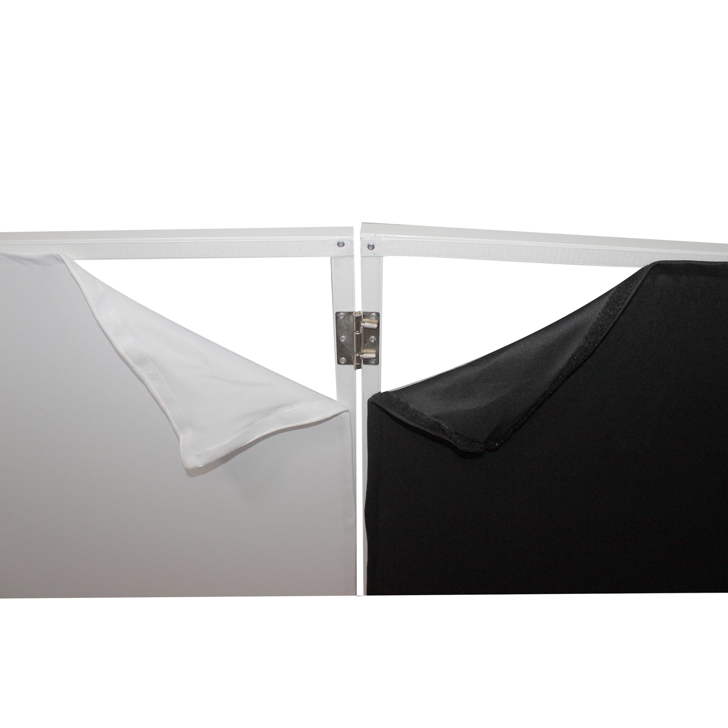 ProX Four Panel Wedding White Frame Collapse and Go DJ Facade, Two Side corner Shelves, Carry Bag, 4xBlack and 4xWhite Scrims