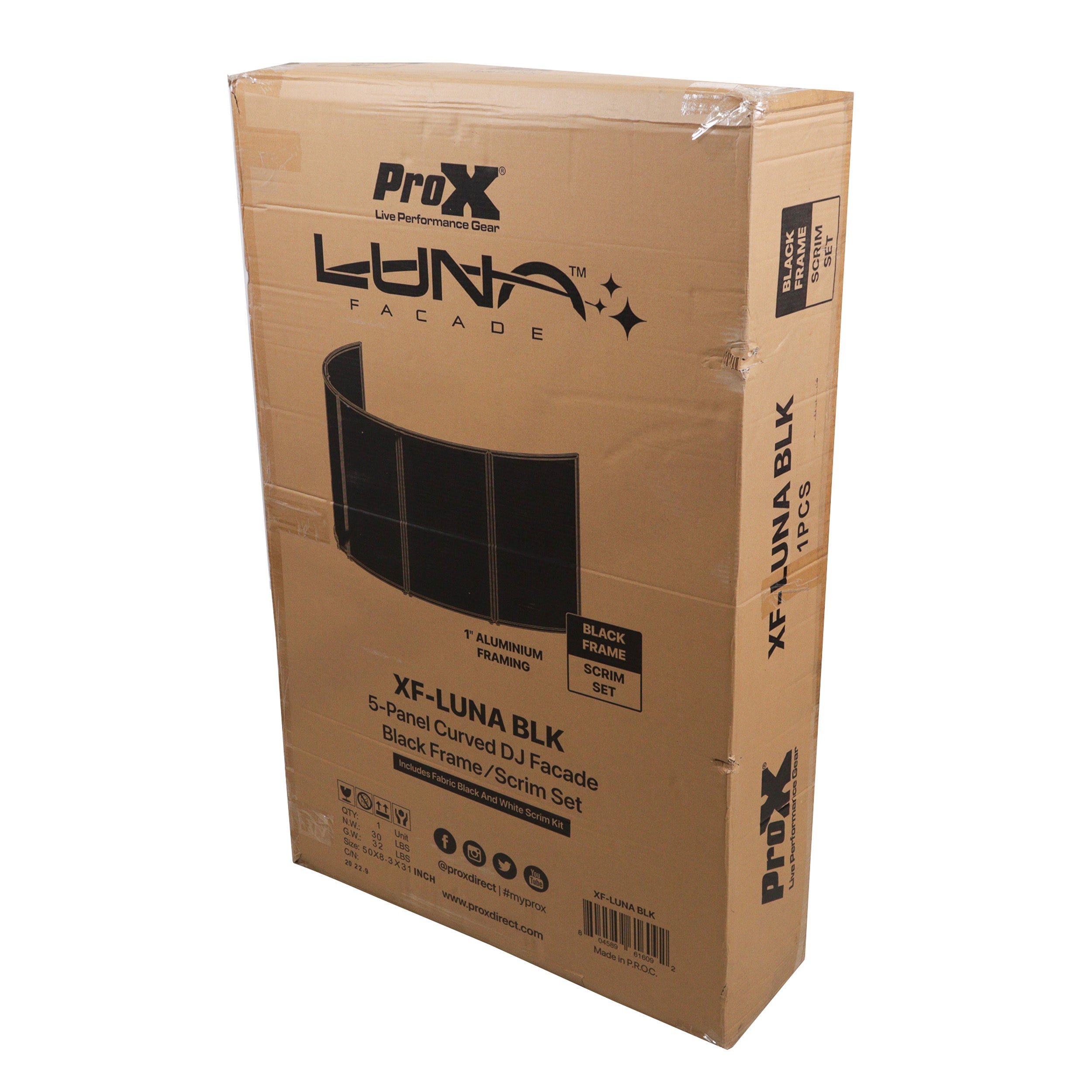 ProX LUNA DJ Facade 5 Panel Curved with Black White Scrim Kit Black Hardware