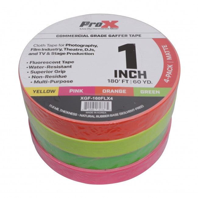 ProX XGF-160FLX4 - 4-Pack 1 Inch 180FT 60YD Multiple-Color Fluorescent Commercial Grade Gaffer Tape