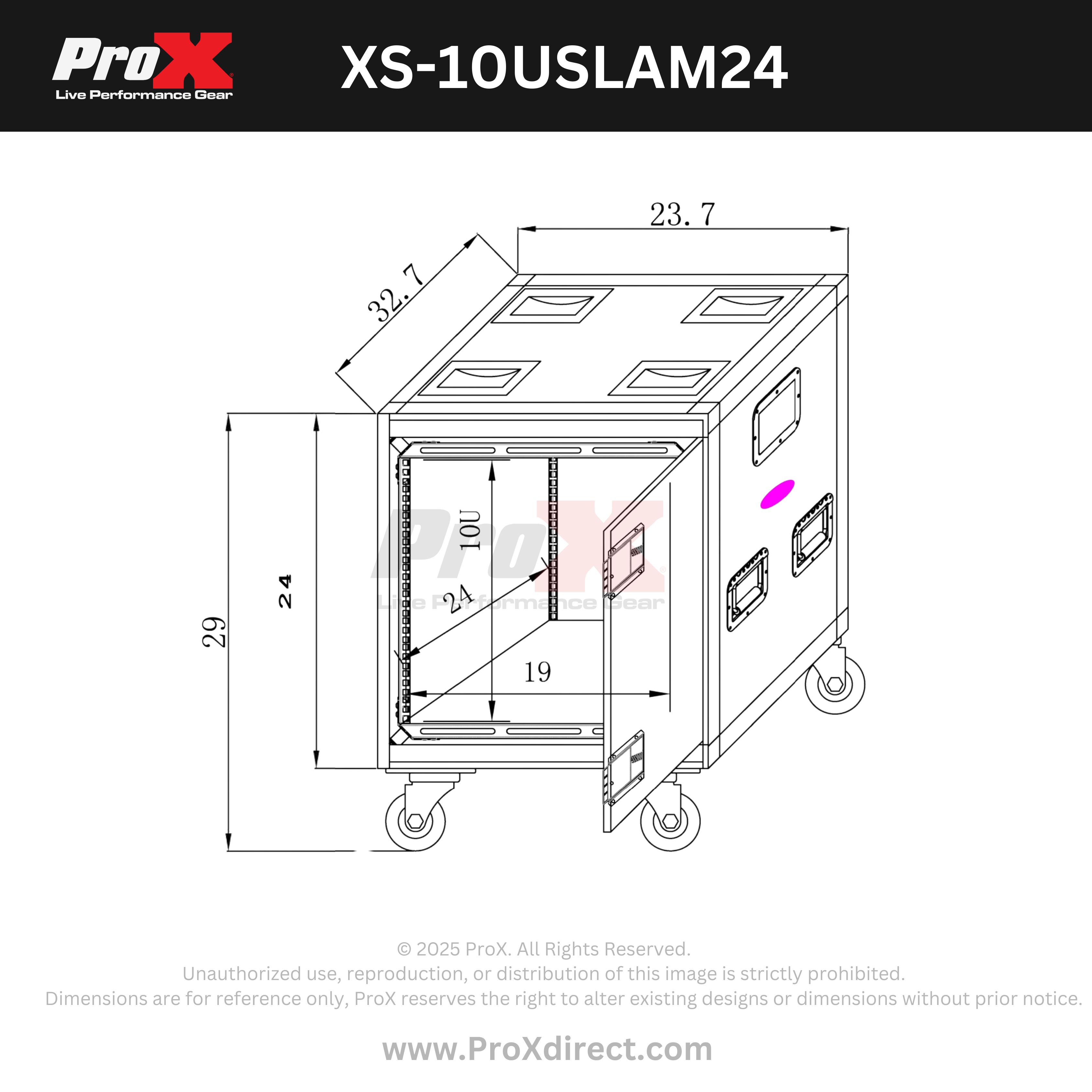ProX 10U 24" Deep Vertical Rack to Rack Shock Mount Case with 2 Sliding Slam Doors & 4" Caster Wheels