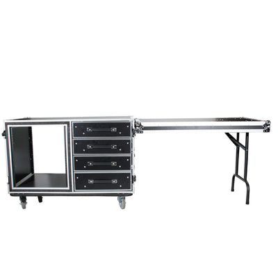 ProX 12U Shockproof Workstation Case W-Dual Side Table and Drawers | 24 In Rail to Rail