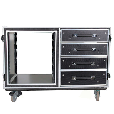 ProX 12U Shockproof Workstation Case W-Dual Side Table and Drawers | 24 In Rail to Rail