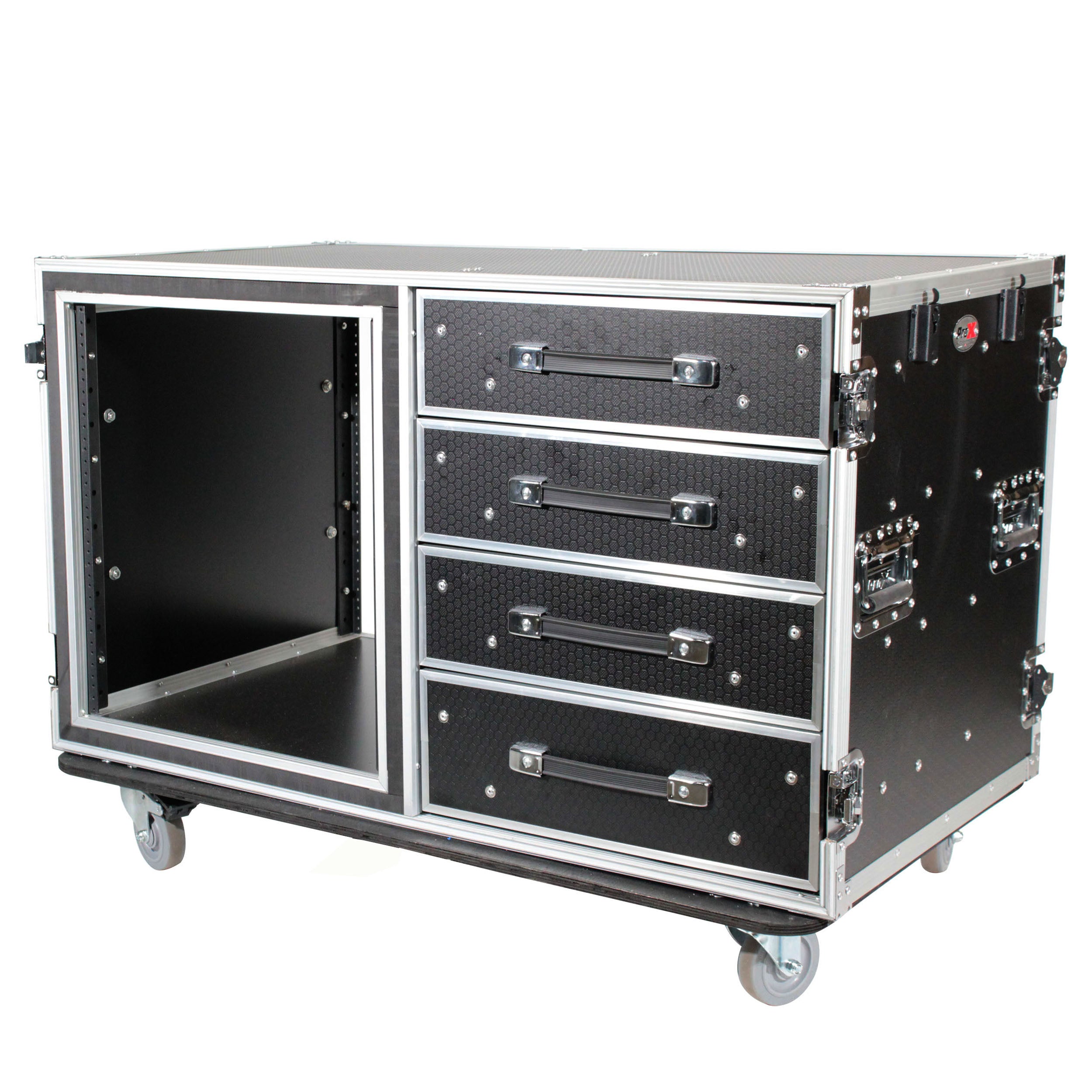 ProX 12U Shockproof Workstation Case W-Dual Side Table and Drawers | 24 In Rail to Rail