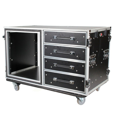 ProX 12U Shockproof Workstation Case W-Dual Side Table and Drawers | 24 In Rail to Rail