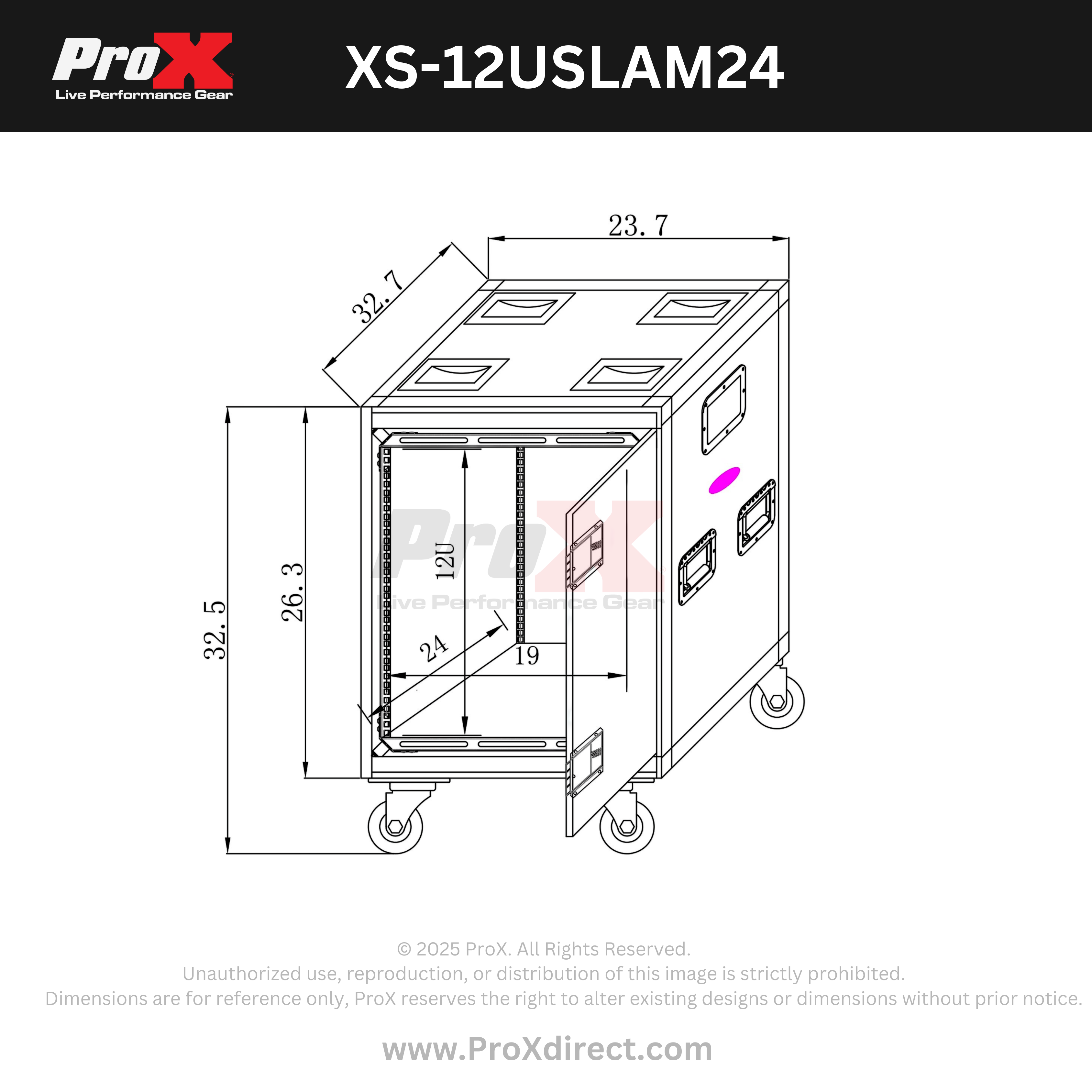 ProX 12U 24" Deep Vertical Rack to Rack Shock Mount Case with 2 Sliding Slam Doors & 4" Caster Wheels